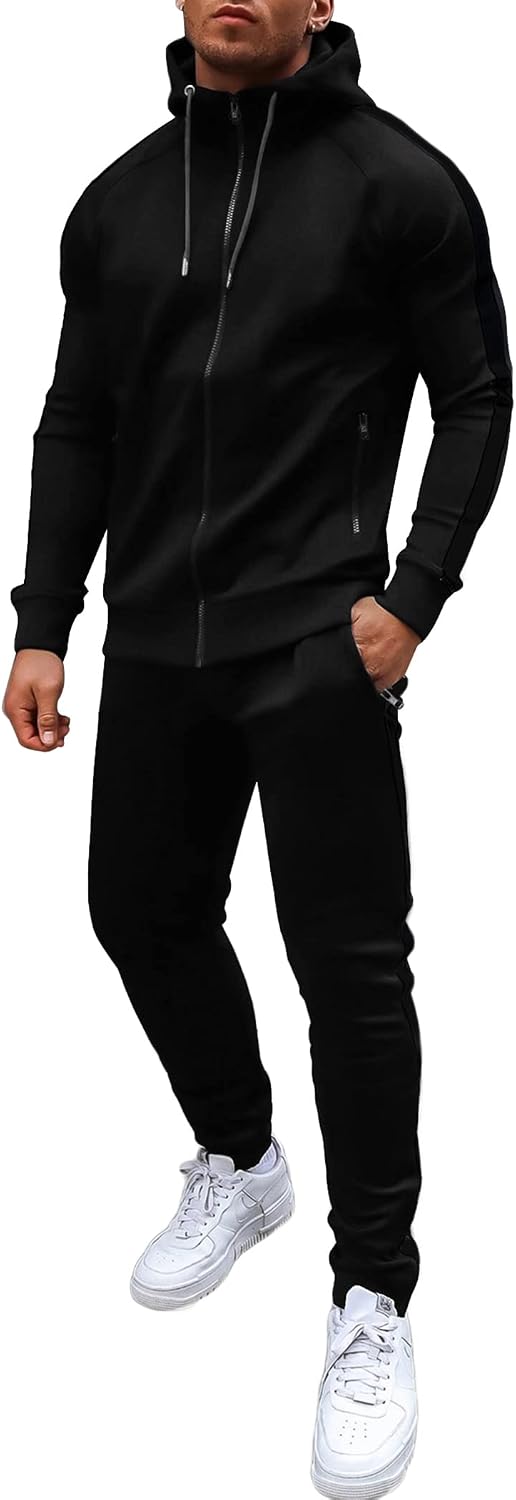 Men's Full Zip Hoodie and Jogger Tracksuit - Side Stripe, Zipper Pockets, Lightweight 2 Piece Set - Small
