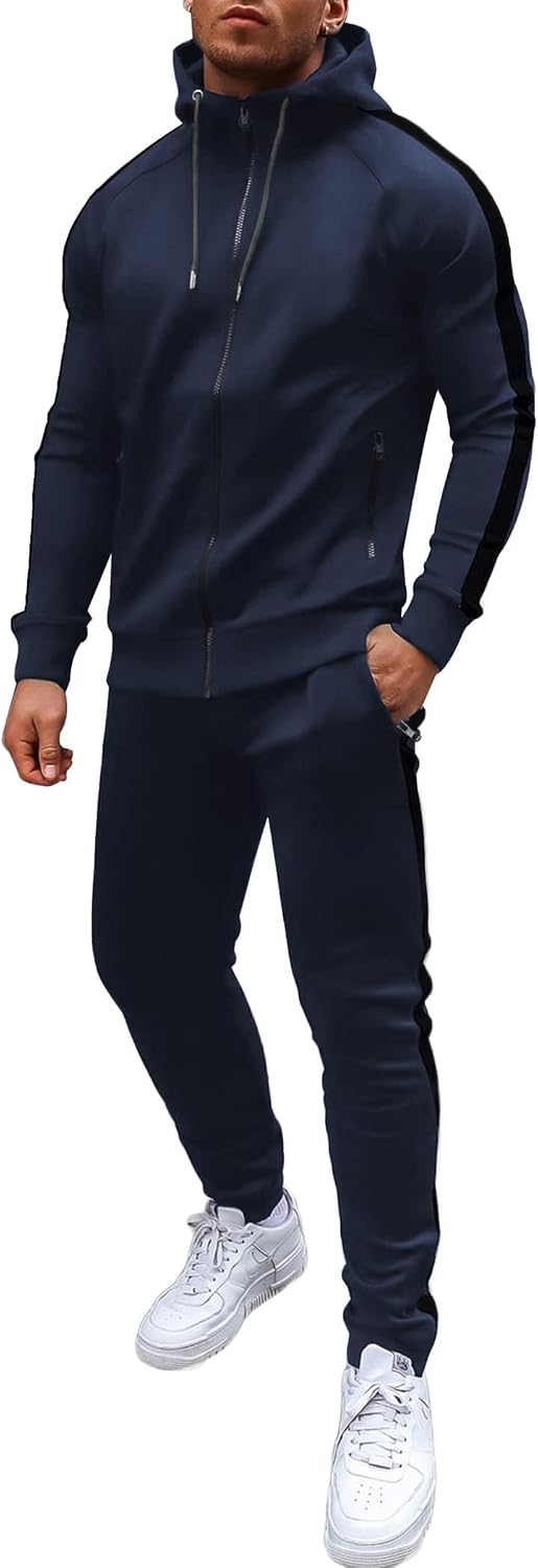 Men's Full Zip Hoodie and Jogger Tracksuit - Side Stripe, Zipper Pockets, Lightweight 2 Piece Set - Small