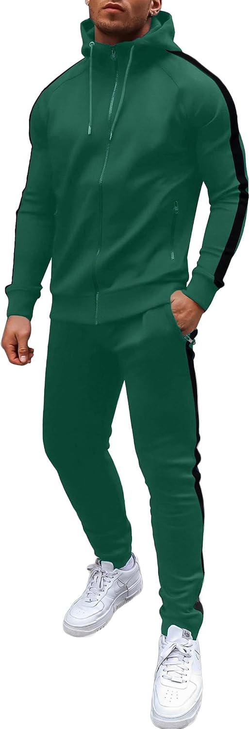 Men's Full Zip Hoodie and Jogger Tracksuit - Side Stripe, Zipper Pockets, Lightweight 2 Piece Set - Small