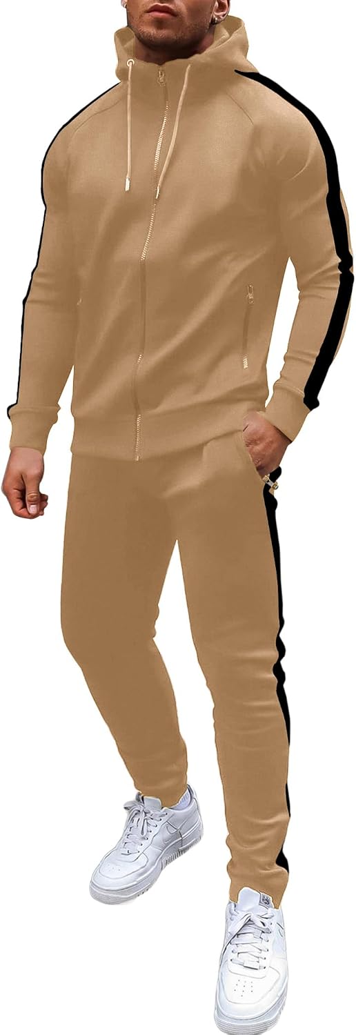 Men's Full Zip Hoodie and Jogger Tracksuit - Side Stripe, Zipper Pockets, Lightweight 2 Piece Set - Small