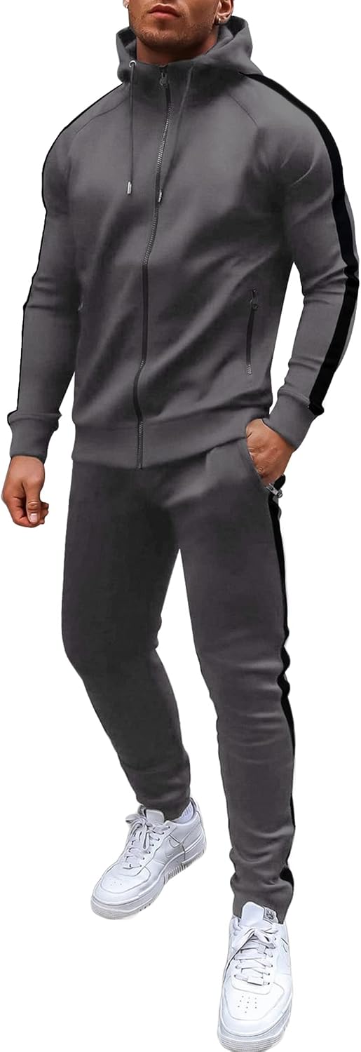 Men's Full Zip Hoodie and Jogger Tracksuit - Side Stripe, Zipper Pockets, Lightweight 2 Piece Set - Small