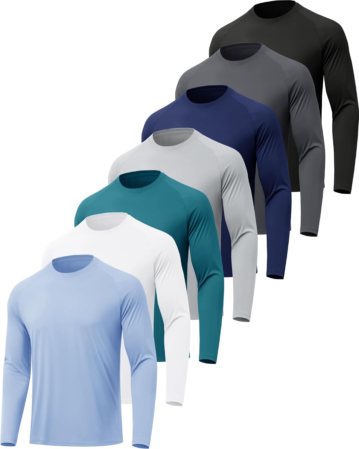 Men's UPF 50+ Long Sleeve Sun Shirts 7 Pack - Quick Dry, Moisture Wicking for Fishing and Running - Medium
