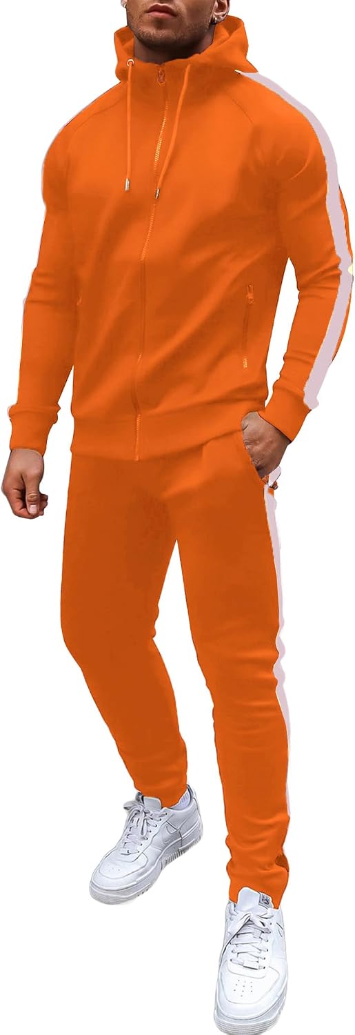 Men's Full Zip Hoodie and Jogger Tracksuit - Side Stripe, Zipper Pockets, Lightweight 2 Piece Set - Small