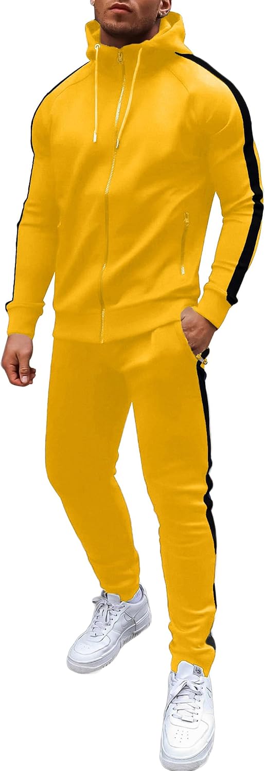 Men's Full Zip Hoodie and Jogger Tracksuit - Side Stripe, Zipper Pockets, Lightweight 2 Piece Set - Medium