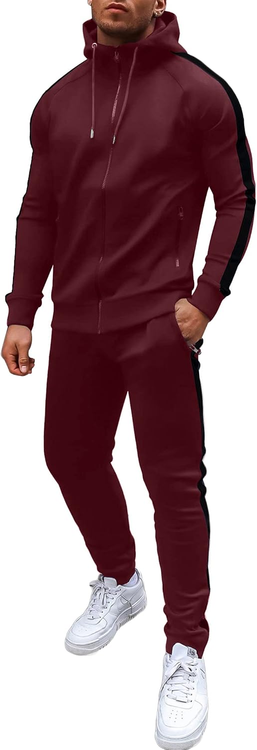 Men's Full Zip Hoodie and Jogger Tracksuit - Side Stripe, Zipper Pockets, Lightweight 2 Piece Set - Small