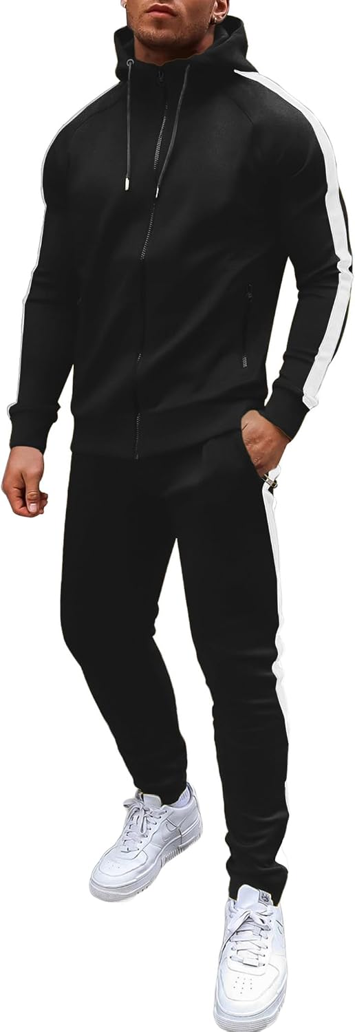 Men's Full Zip Hoodie and Jogger Tracksuit - Side Stripe, Zipper Pockets, Lightweight 2 Piece Set - Medium
