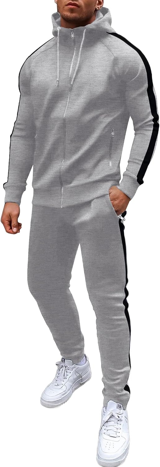 Men's Full Zip Hoodie and Jogger Tracksuit - Side Stripe, Zipper Pockets, Lightweight 2 Piece Set - Small