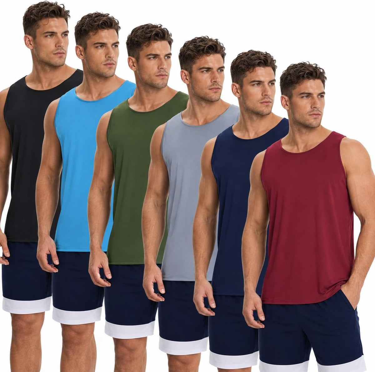 Men's Workout Tank Tops 6 Pack - Sleeveless Muscle Fit, Quick Dry with UPF 50+ Sun Protection - Black/Navy/Light Blue/Bl