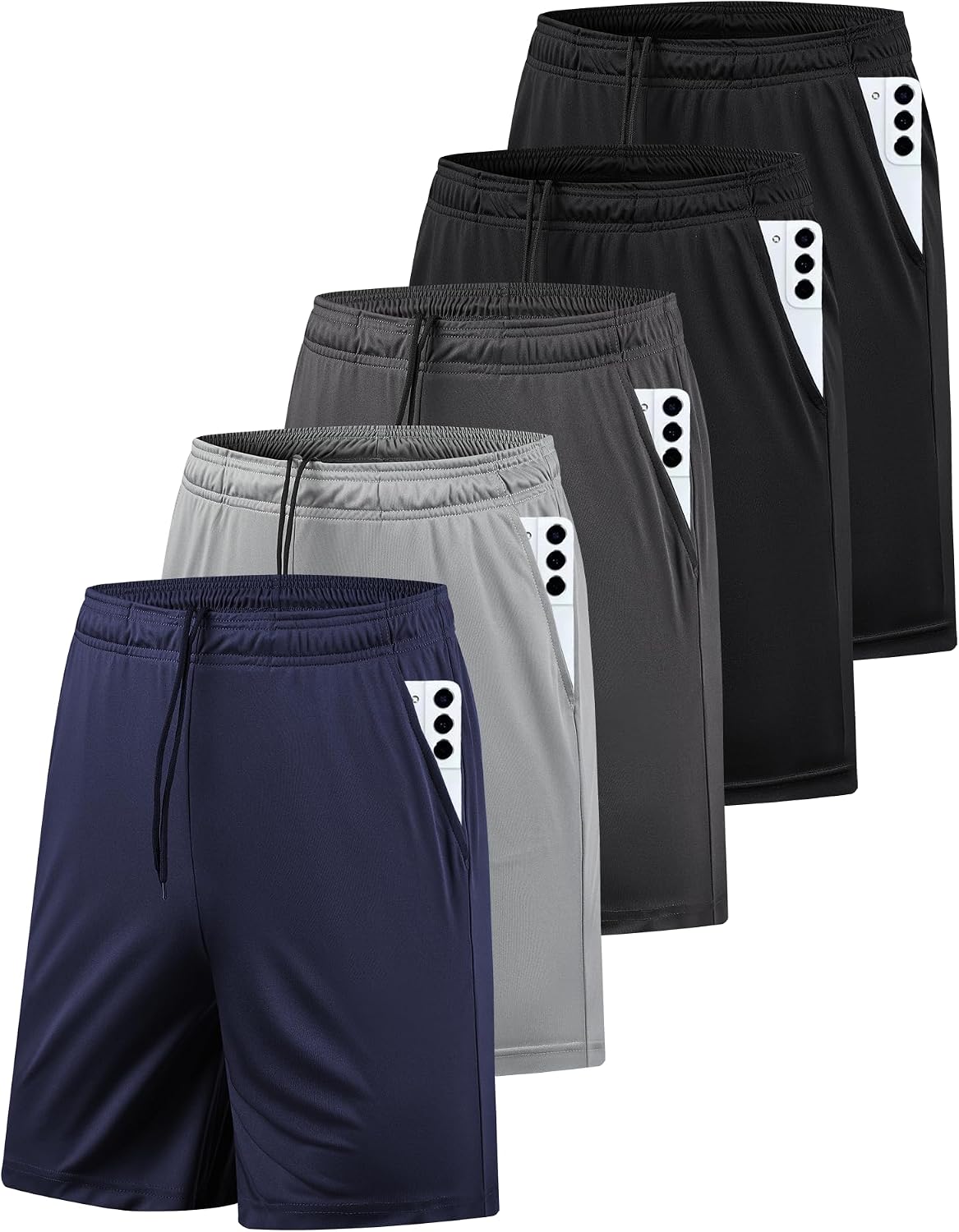 Men's Athletic Gym Shorts 5 Pack - Quick Dry Fabric with Side Pockets for Running and Weight Rooms - Small