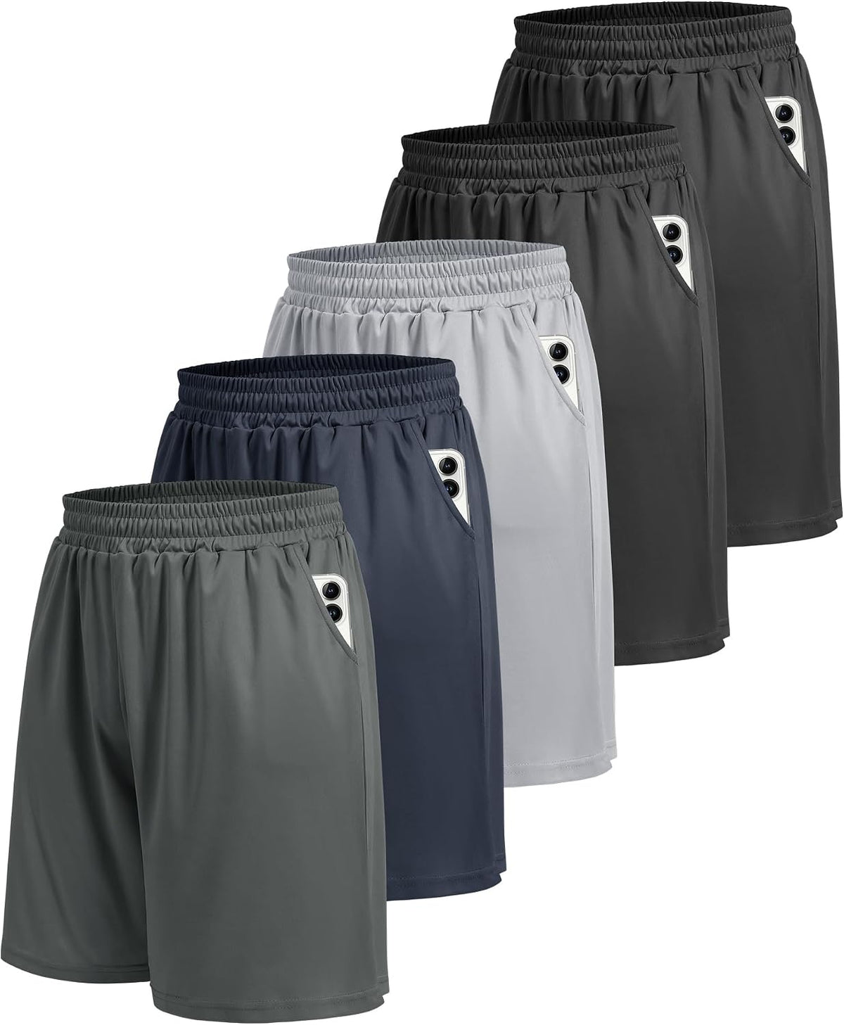 Men's Quick Dry Basketball Shorts 5 Pack - Side Pockets, Elastic Waistband for Gym and Running - Small