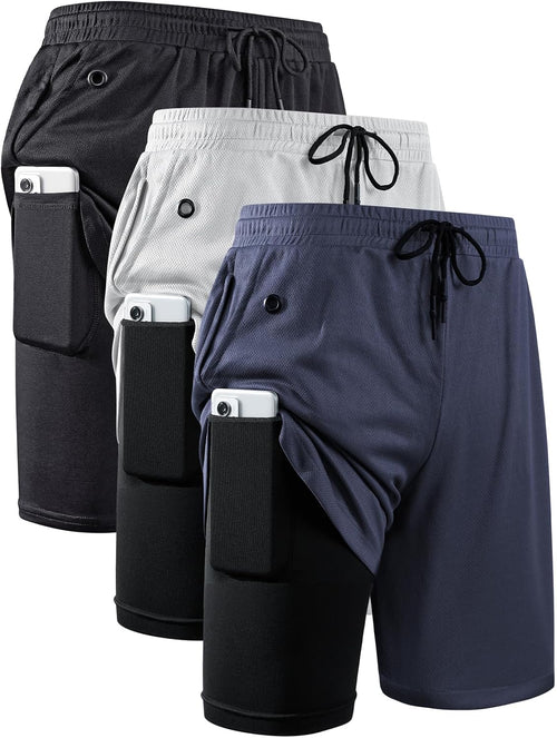 Men's 2 in 1 Running Shorts 3 Pack - Quick Dry Outer Layer, Inner Liner, Side Pockets for Workouts - Small