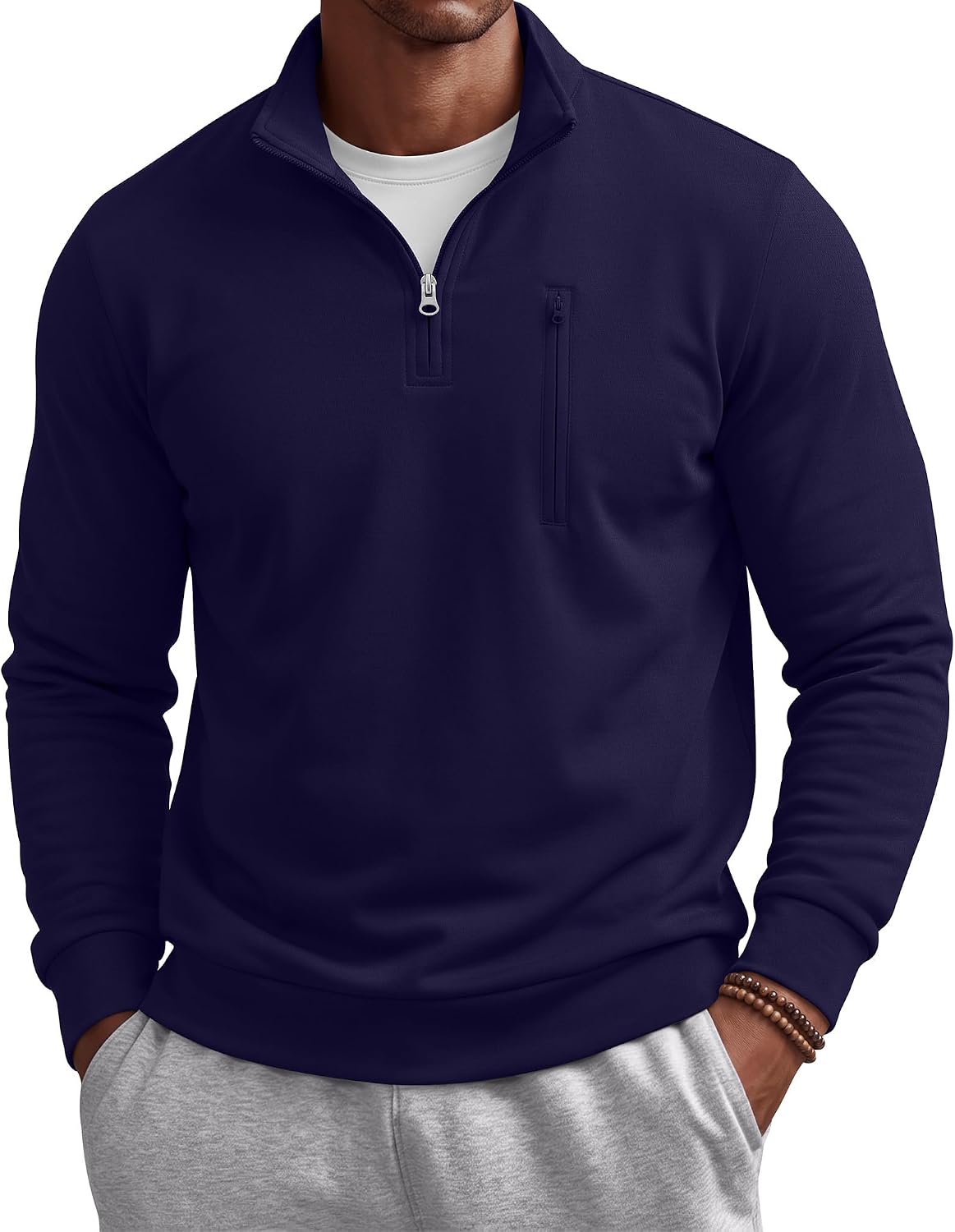 Men's Cotton Quarter Zip Sweatshirt - Mock Neck, Chest Pocket, Big and Tall Sizes for Golf and Office - Medium