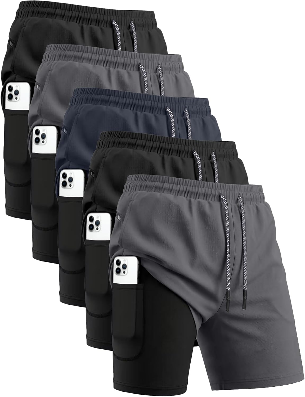Men's 2 in 1 Workout Shorts 5 Pack - Built-in Compression Liner, Mesh Panels, Pockets for Hiking - Small