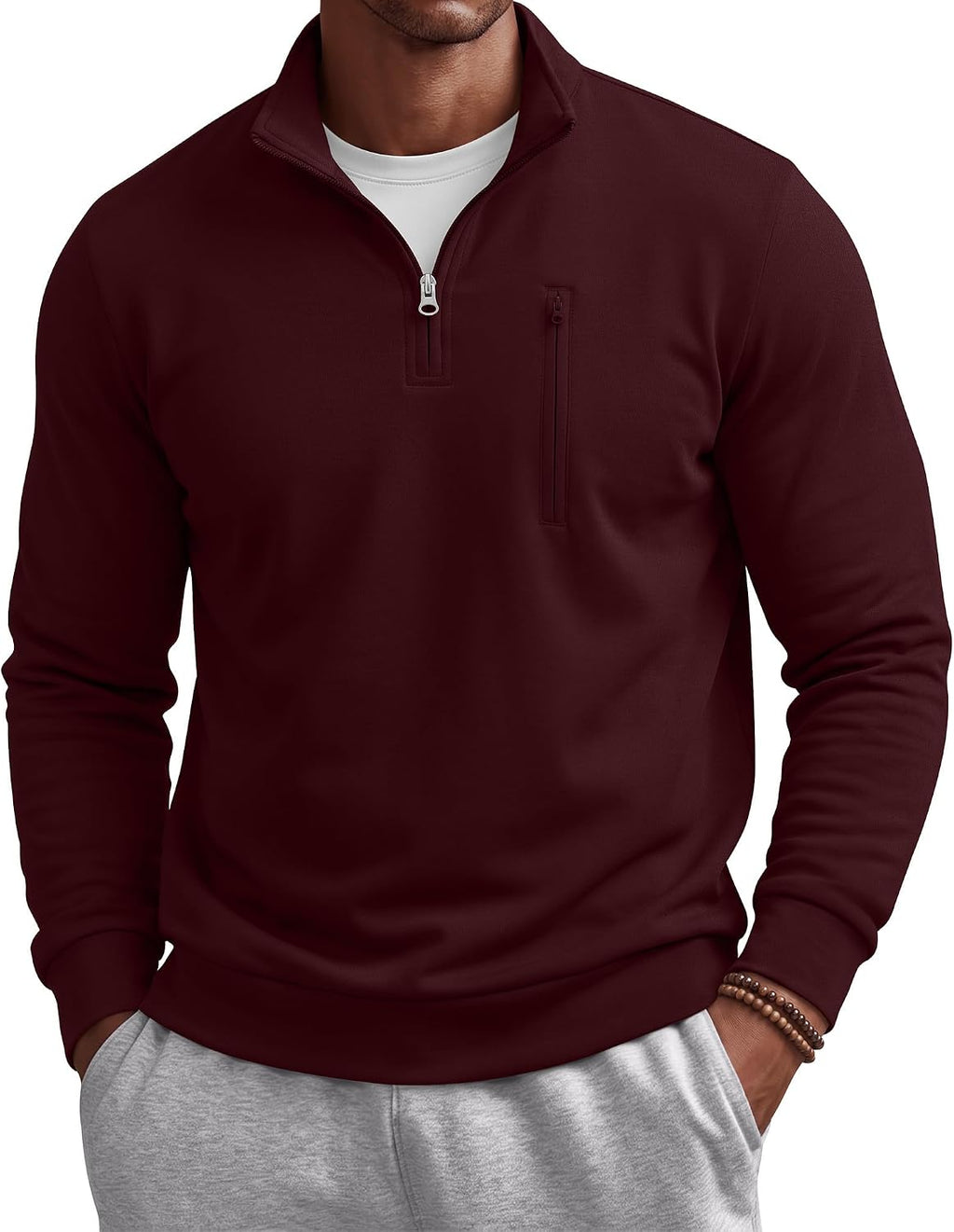 Men's Cotton Quarter Zip Sweatshirt - Mock Neck, Chest Pocket, Big and Tall Sizes for Golf and Office - Medium
