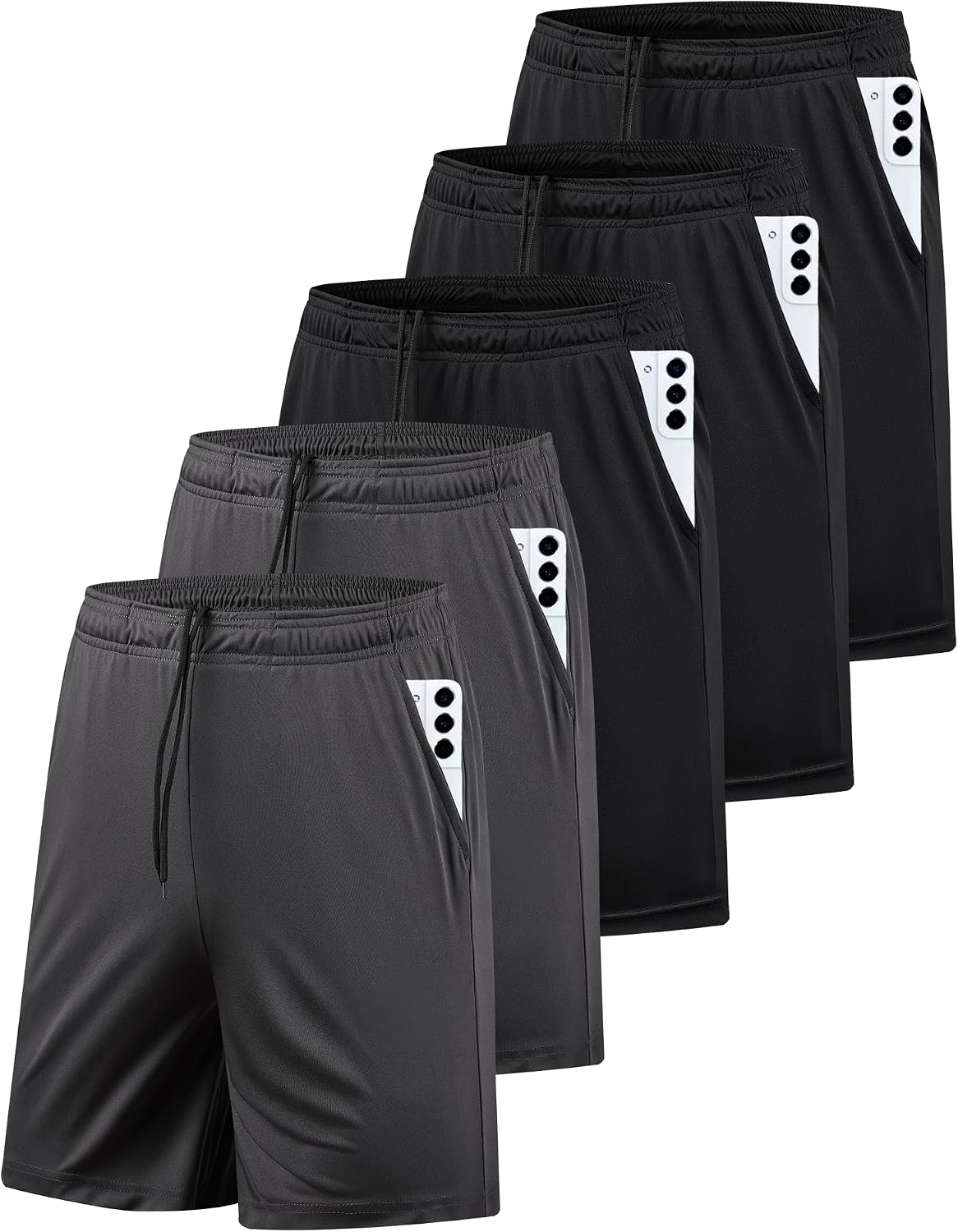 Men's Athletic Gym Shorts 5 Pack - Quick Dry Fabric with Side Pockets for Running and Weight Rooms - Medium