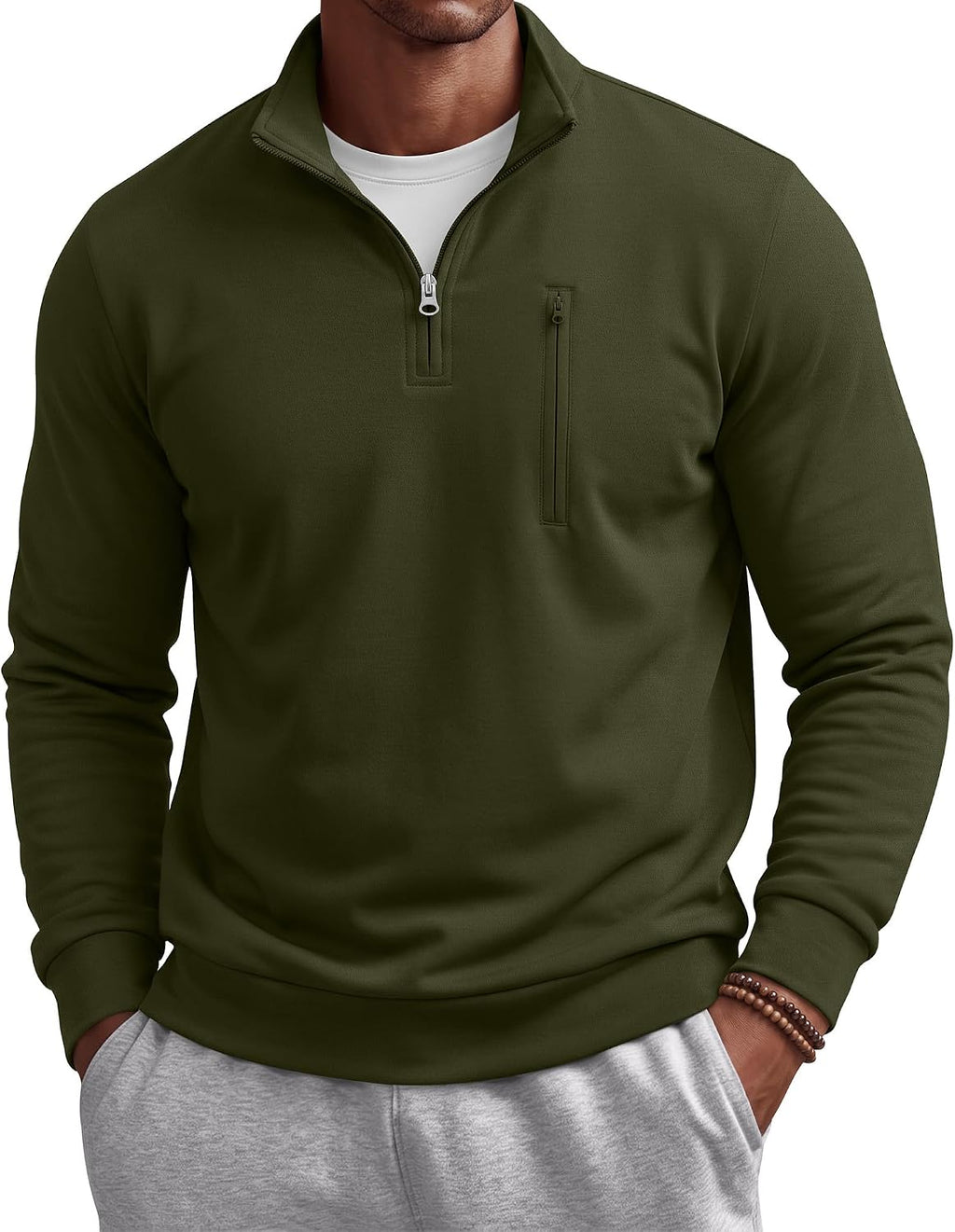 Men's Cotton Quarter Zip Sweatshirt - Mock Neck, Chest Pocket, Big and Tall Sizes for Golf and Office - Large
