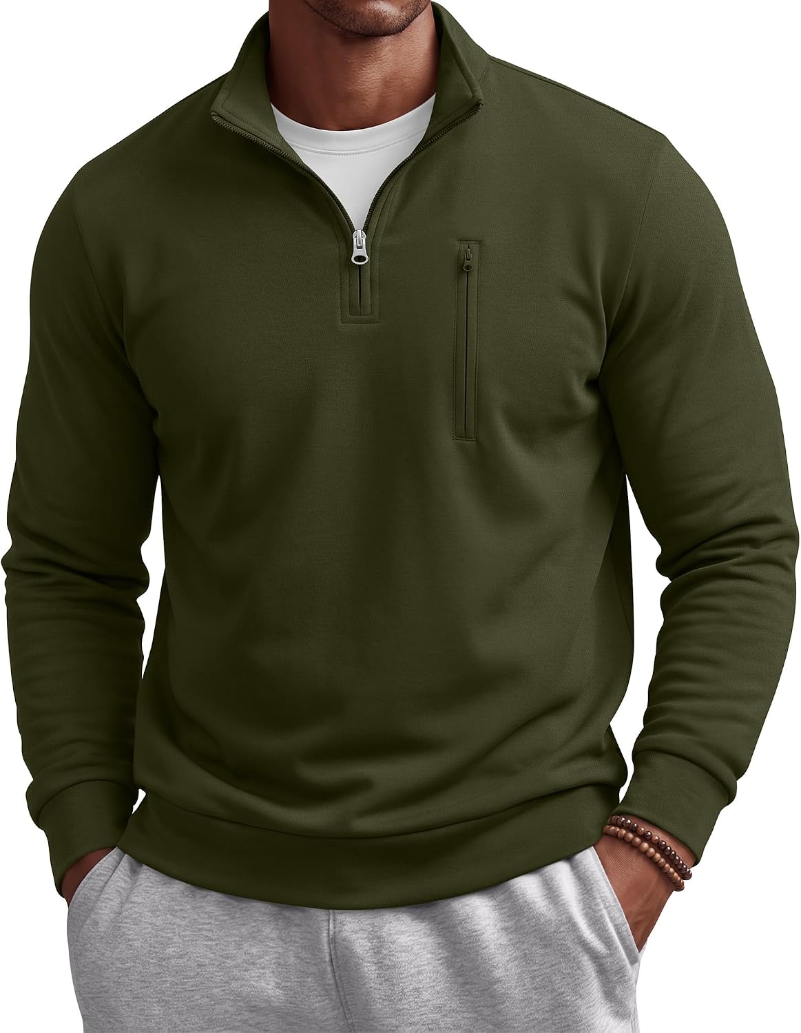 Men's Cotton Quarter Zip Sweatshirt - Mock Neck, Chest Pocket, Big and Tall Sizes for Golf and Office - Large