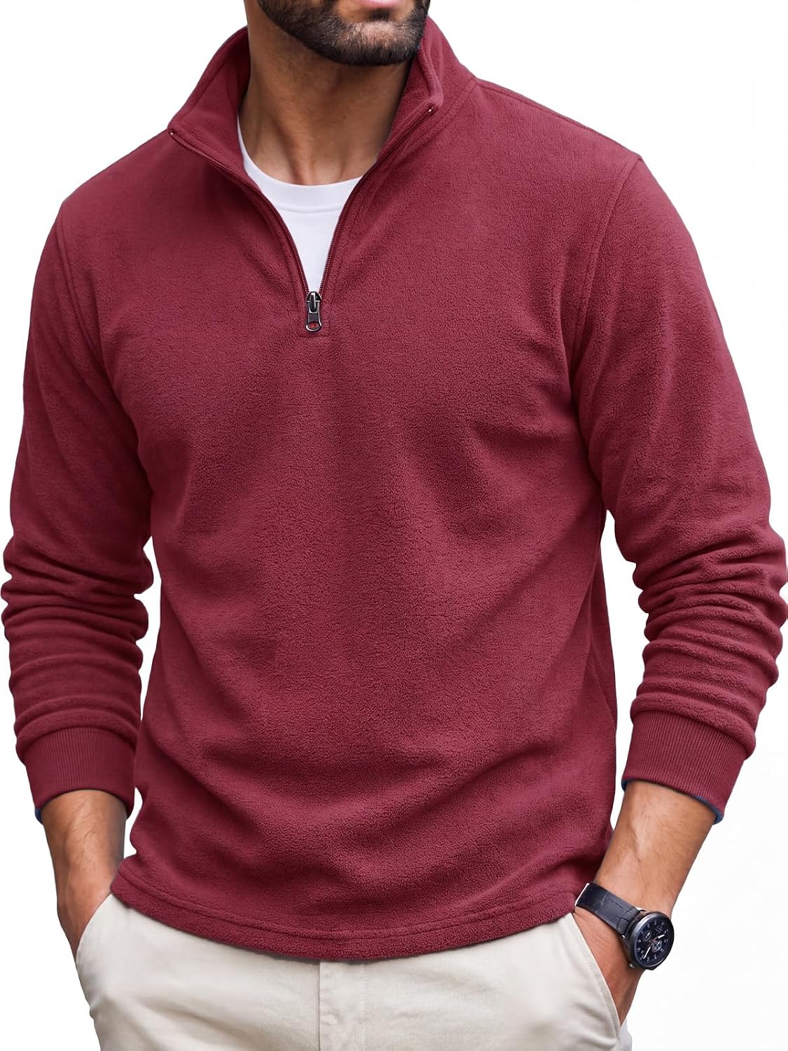 Men's Fleece Quarter Zip Pullover - Mock Neck, Long Sleeve, Brushed Lining for Golf and Work Days - Medium