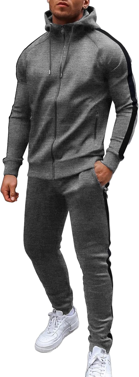 Men's Full Zip Hoodie and Jogger Tracksuit - Side Stripe, Zipper Pockets, Lightweight 2 Piece Set - Medium