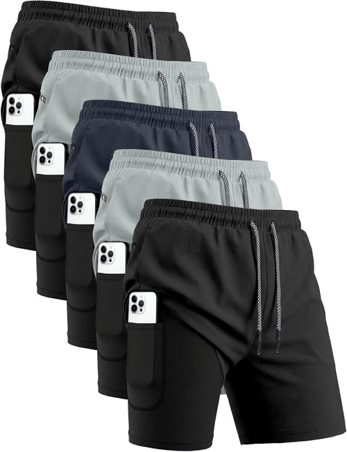 Men's 2 in 1 Workout Shorts 5 Pack - Built-in Compression Liner, Mesh Panels, Pockets for Hiking - Small
