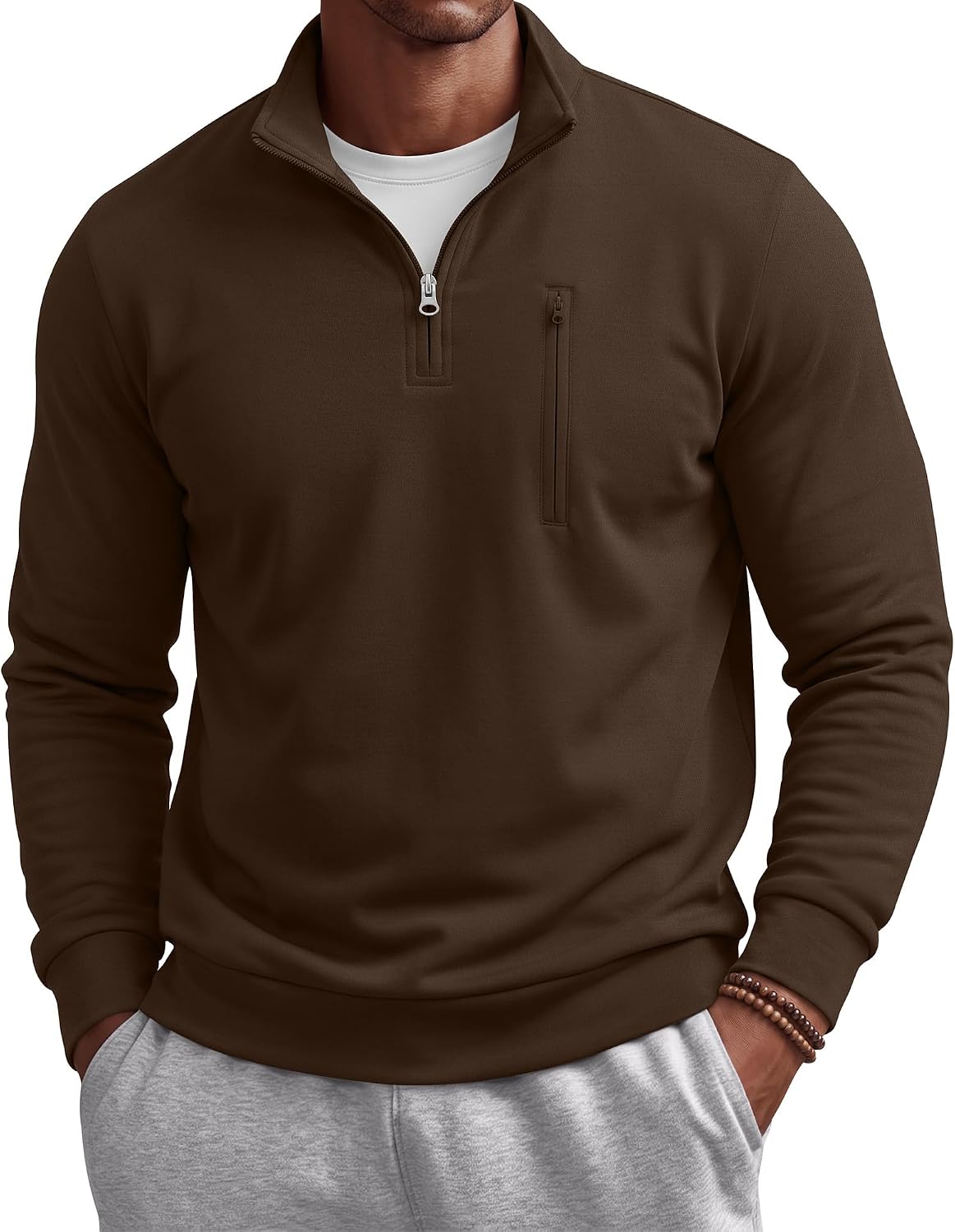 Men's Cotton Quarter Zip Sweatshirt - Mock Neck, Chest Pocket, Big and Tall Sizes for Golf and Office - Medium