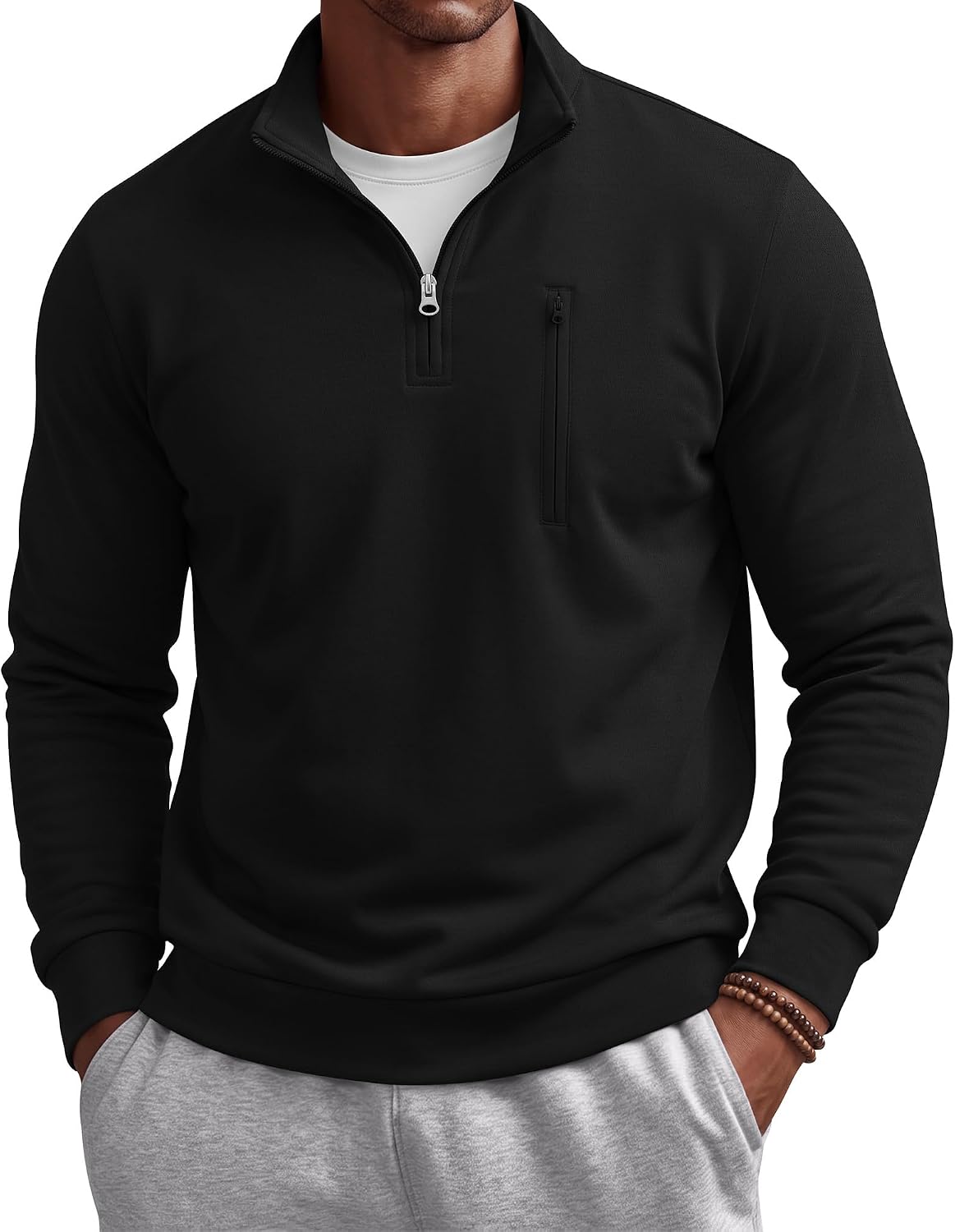 Men's Cotton Quarter Zip Sweatshirt - Mock Neck, Chest Pocket, Big and Tall Sizes for Golf and Office - Medium