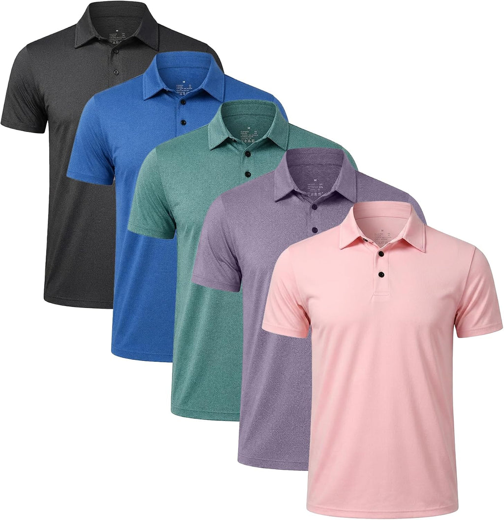 Men's Golf Polo Shirts 5 Pack - Three Button Placket, Tagless Collar, Sun Protection for Tennis Days - Small