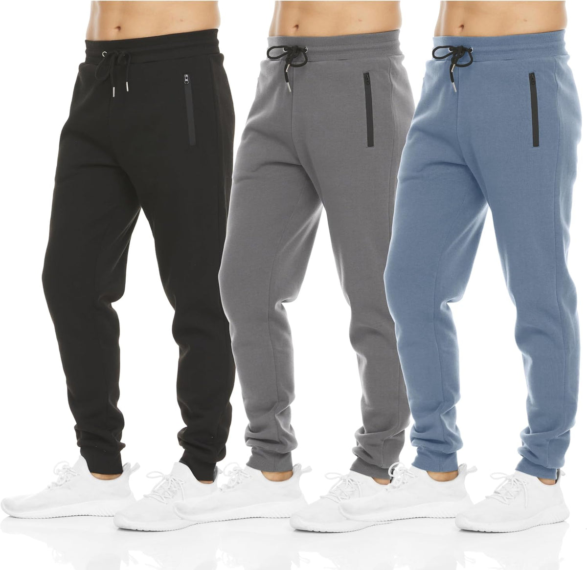 Men's Fleece Athletic Joggers 3 Pack - Zipper Pockets, Big and Tall Sizes for Workouts and Lounging - Standard (6)