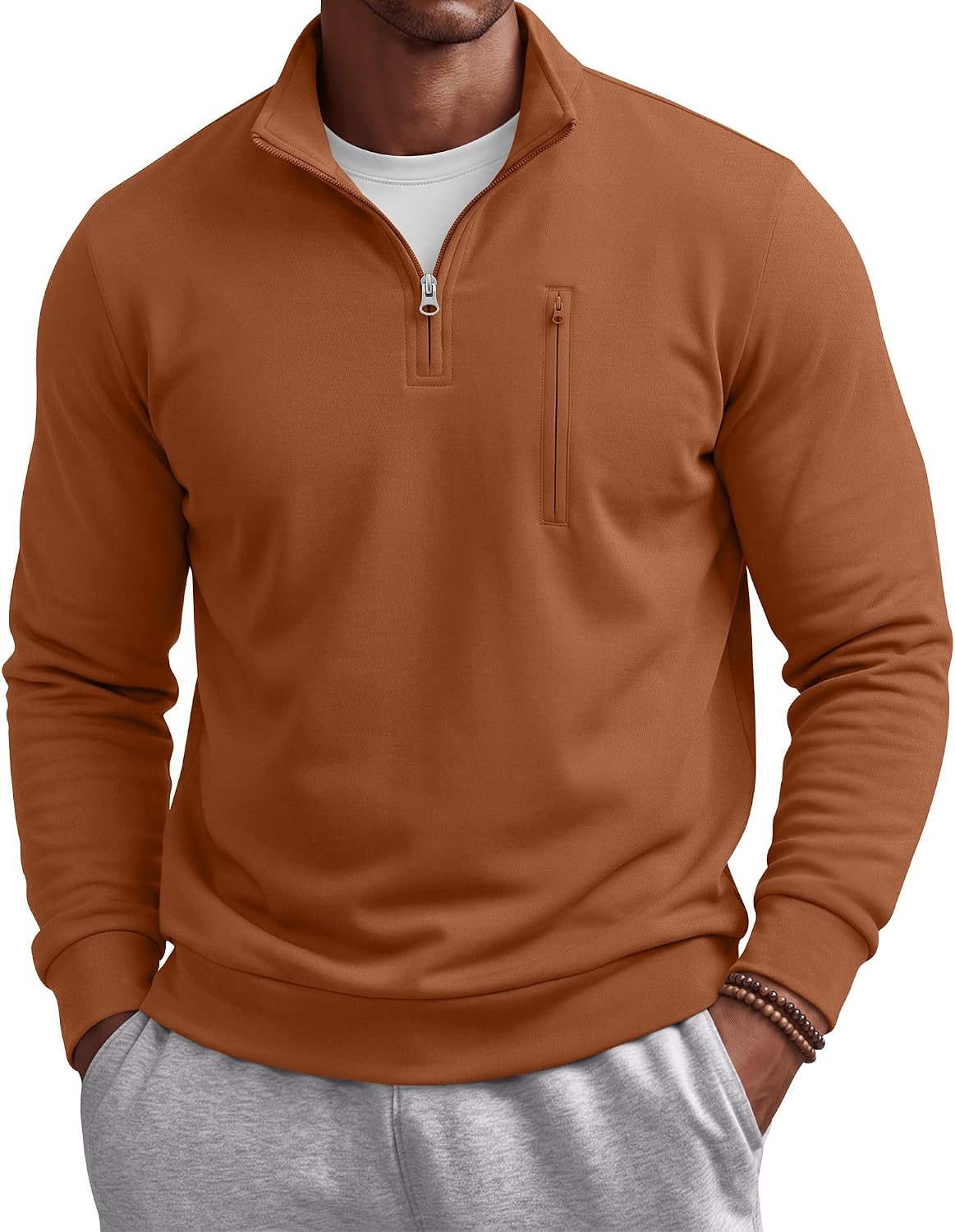 Men's Cotton Quarter Zip Sweatshirt - Mock Neck, Chest Pocket, Big and Tall Sizes for Golf and Office - Medium