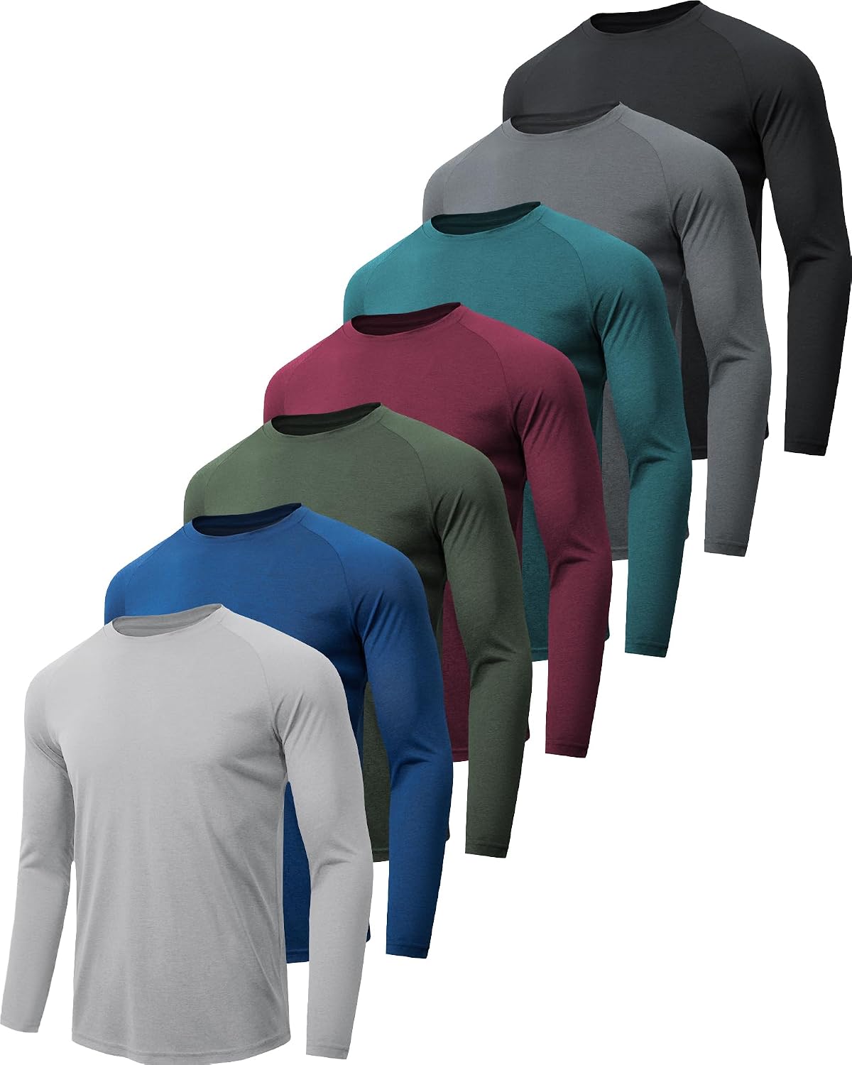 Men's UPF 50+ Long Sleeve Sun Shirts 7 Pack - Quick Dry, Moisture Wicking for Fishing and Running - Small