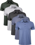 Men's Golf Polo Shirts 5 Pack - Three Button Placket, Tagless Collar, Sun Protection for Tennis Days - Small