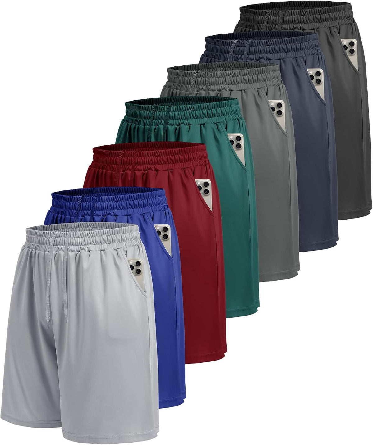 Men's Athletic Gym Shorts 7 Pack - Pockets, Elastic Waist, Quick Dry Fabric for Basketball and Runs - Small