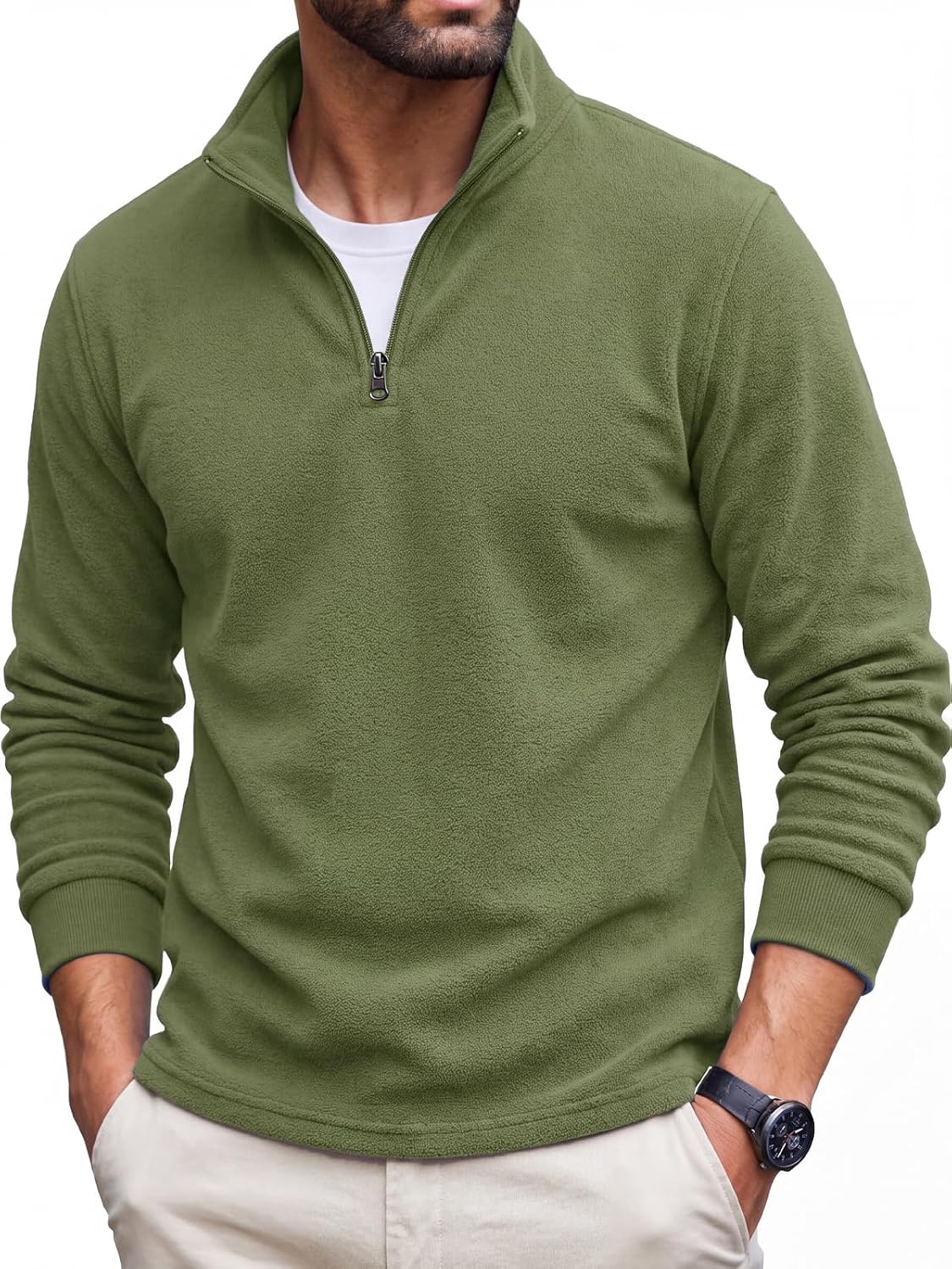 Men's Fleece Quarter Zip Pullover - Mock Neck, Long Sleeve, Brushed Lining for Golf and Work Days - Medium