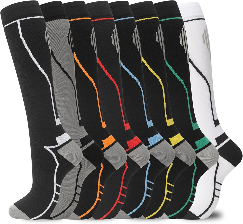 Unisex Knee High Compression Socks 8 Pairs - Graduated Support for Nurses, Travel and Running - Small-Medium