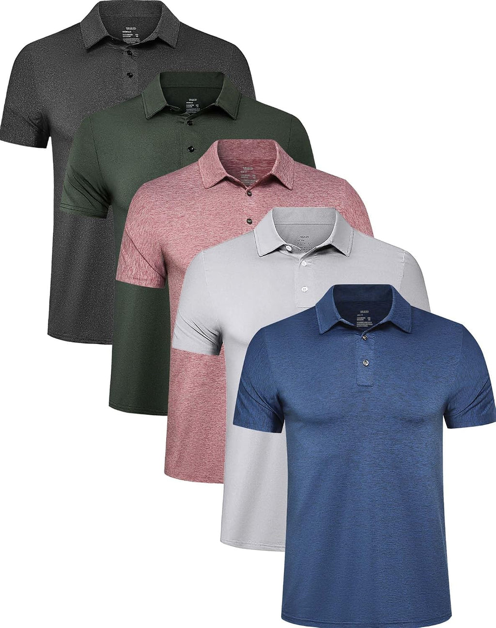 Men's Golf Polo Shirts 5 Pack - Three Button Placket, Tagless Collar, Sun Protection for Tennis Days - Small