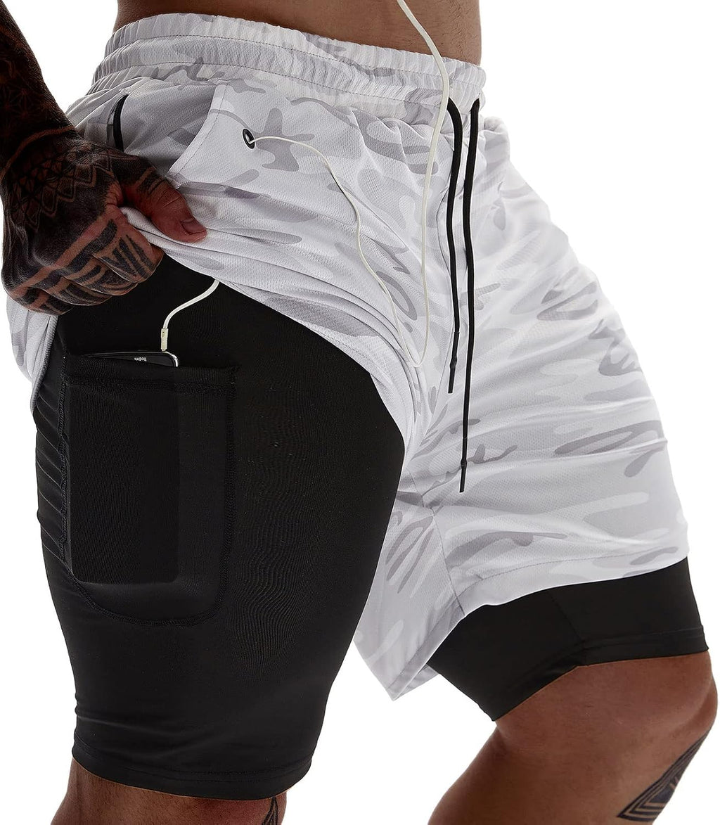 Men's 2 in 1 Running Shorts 3 Pack - Quick Dry Outer Layer, Inner Liner, Side Pockets for Workouts - Large
