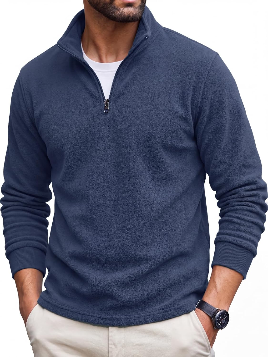 Men's Fleece Quarter Zip Pullover - Mock Neck, Long Sleeve, Brushed Lining for Golf and Work Days - Medium