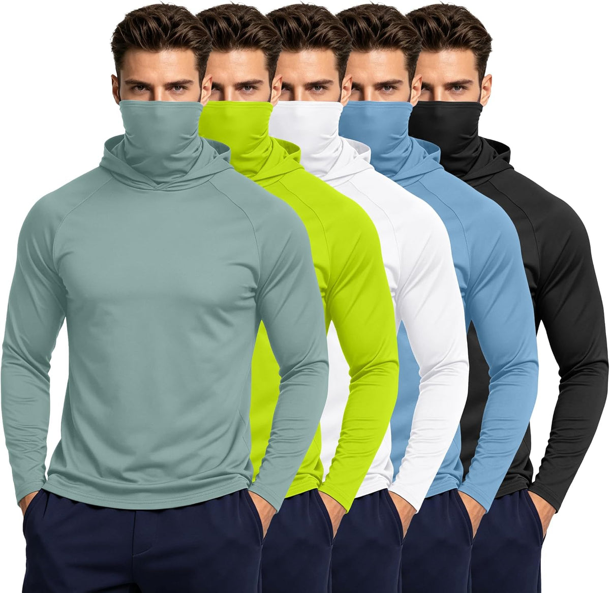 Men's UPF Fishing Hoodie 5 Pack - Long Sleeve Sun Shirts with Built-in Face Mask for Hiking Trips - Small