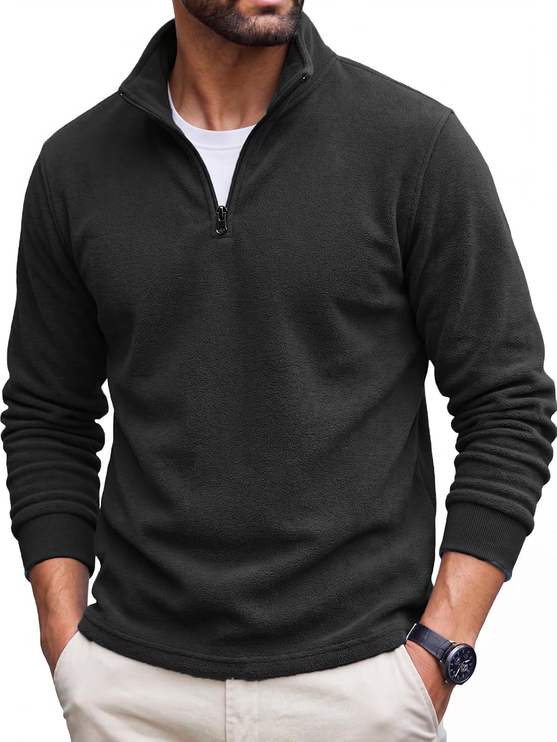 Men's Fleece Quarter Zip Pullover - Mock Neck, Long Sleeve, Brushed Lining for Golf and Work Days - Medium