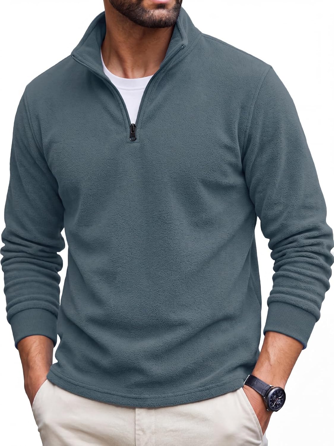 Men's Fleece Quarter Zip Pullover - Mock Neck, Long Sleeve, Brushed Lining for Golf and Work Days - Medium