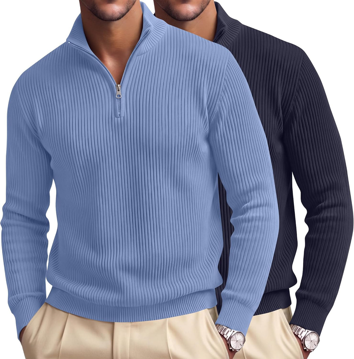Men's Ribbed Knit Quarter Zip Pullovers 2 Pack - Cotton Blend, Mock Neck, Big and Tall for the Office - Medium