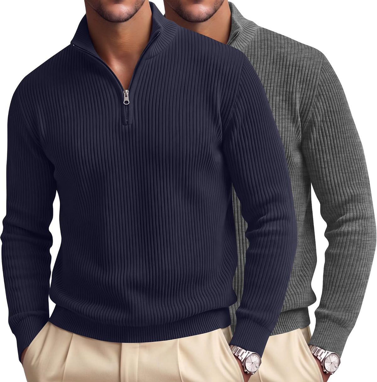 Men's Ribbed Knit Quarter Zip Pullovers 2 Pack - Cotton Blend, Mock Neck, Big and Tall for the Office - Medium