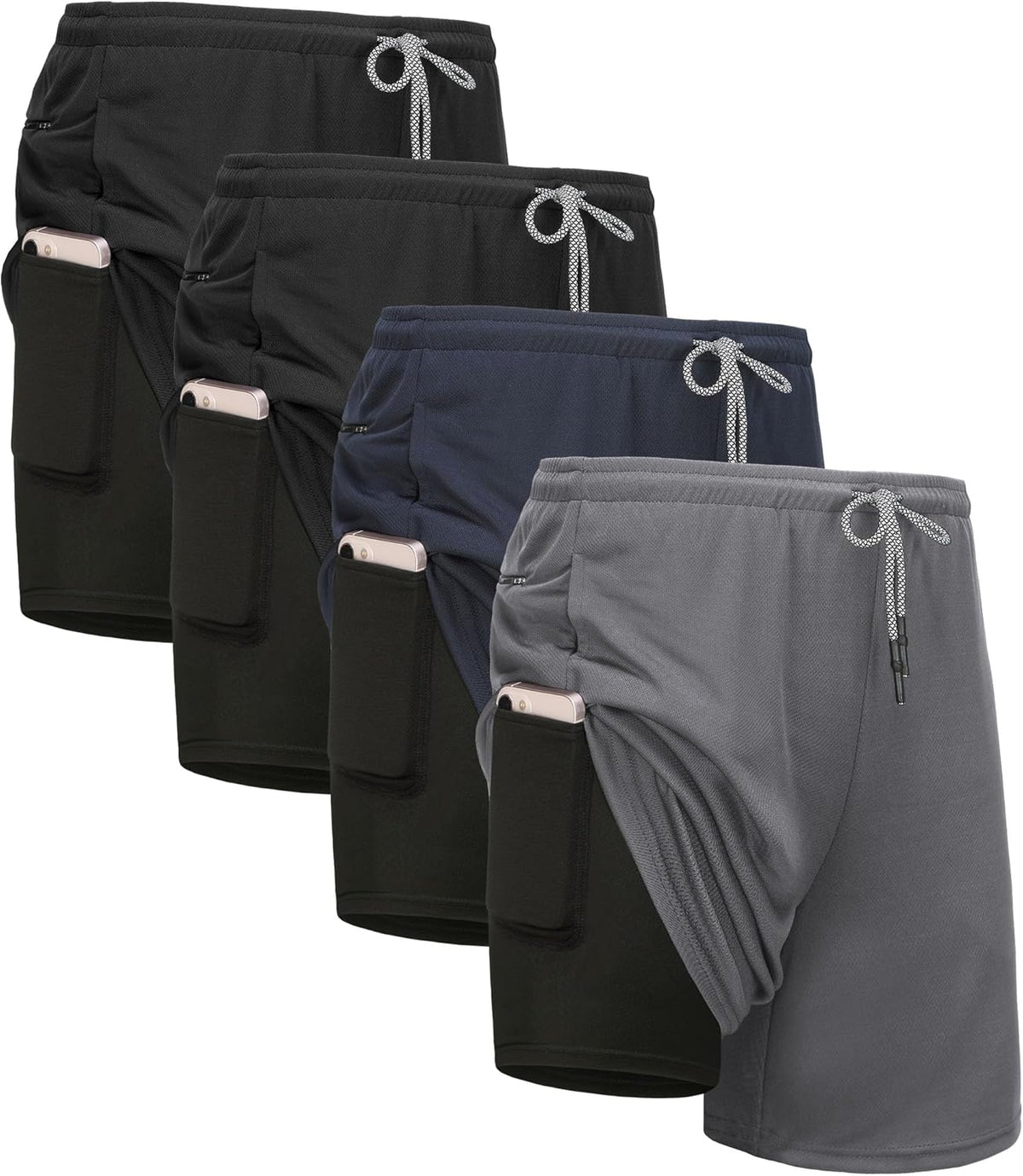 Men's 2 in 1 Lined Running Shorts, Single or 4 Pack - Built-in Liner, Quick Dry with Side Pockets - Small