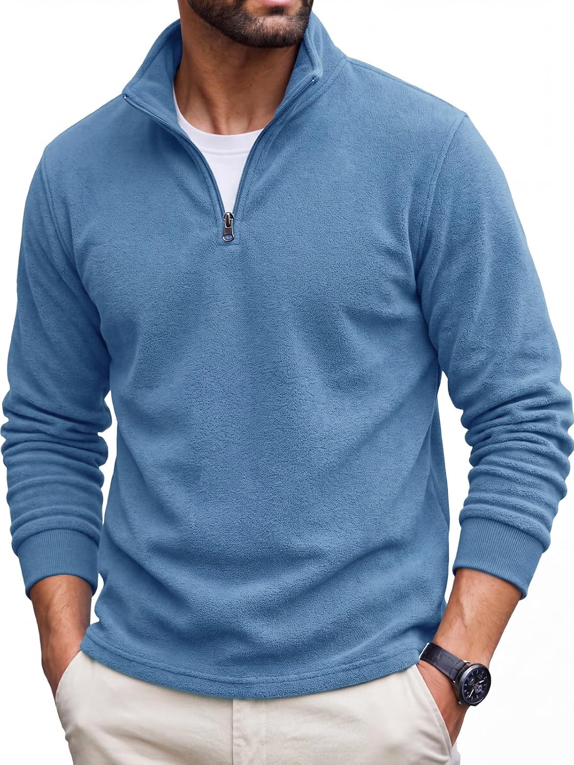 Men's Fleece Quarter Zip Pullover - Mock Neck, Long Sleeve, Brushed Lining for Golf and Work Days - Medium