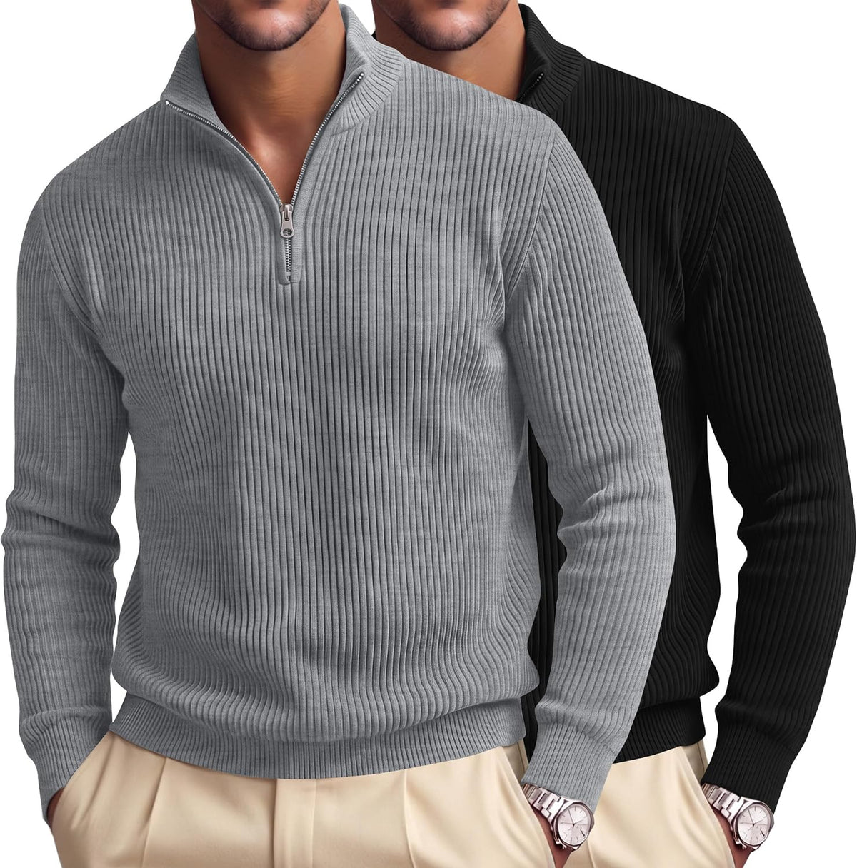 Men's Ribbed Knit Quarter Zip Pullovers 2 Pack - Cotton Blend, Mock Neck, Big and Tall for the Office - Large