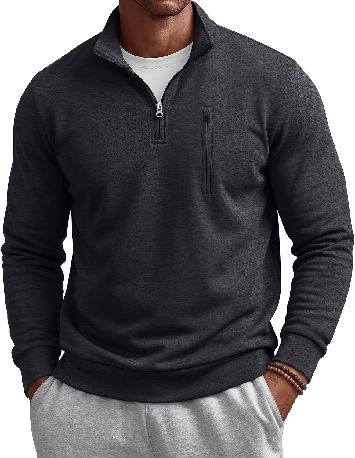 Men's Cotton Quarter Zip Sweatshirt - Mock Neck, Chest Pocket, Big and Tall Sizes for Golf and Office - Large