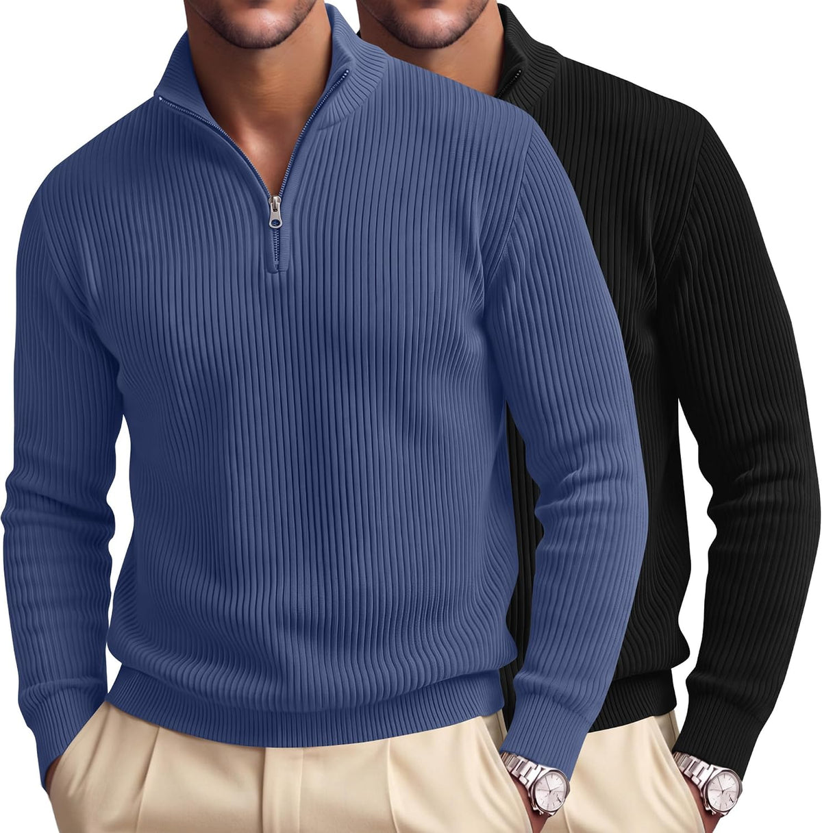 Men's Ribbed Knit Quarter Zip Pullovers 2 Pack - Cotton Blend, Mock Neck, Big and Tall for the Office - Large