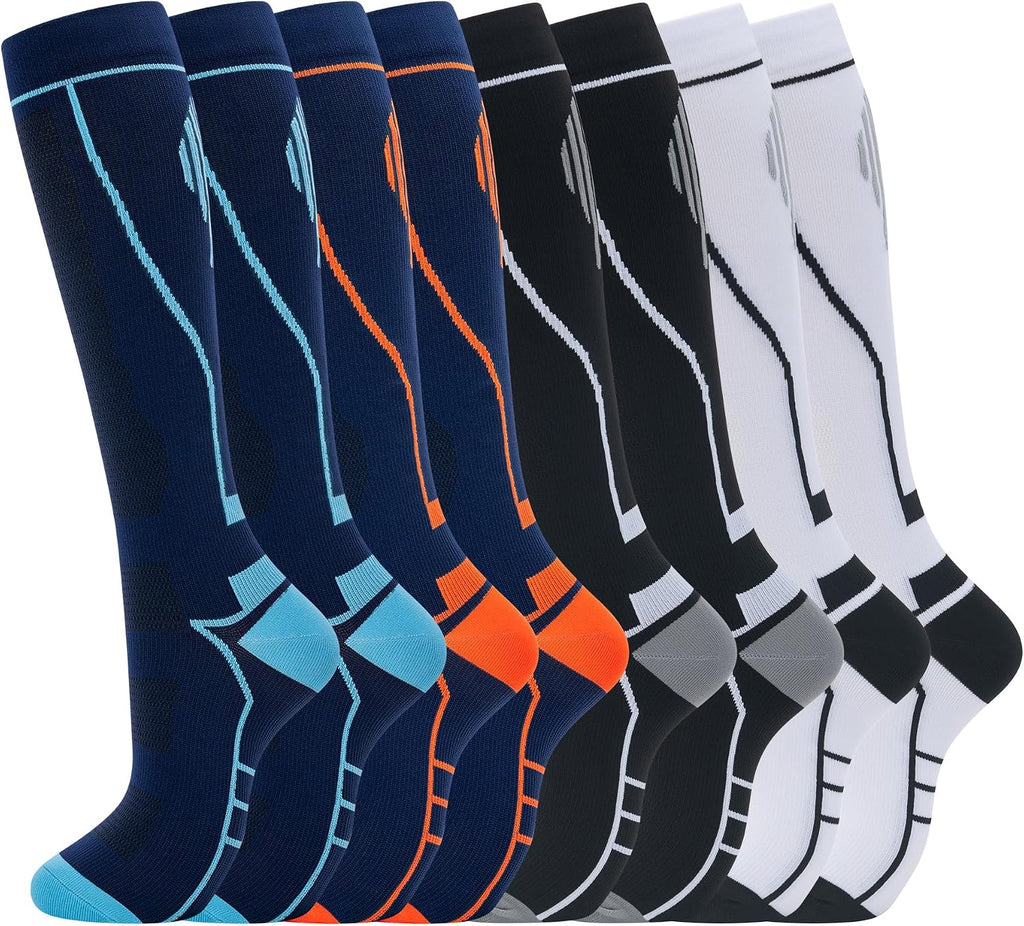 Unisex Knee High Compression Socks 8 Pairs - Graduated Support for Nurses, Travel and Running - Large-X-Large
