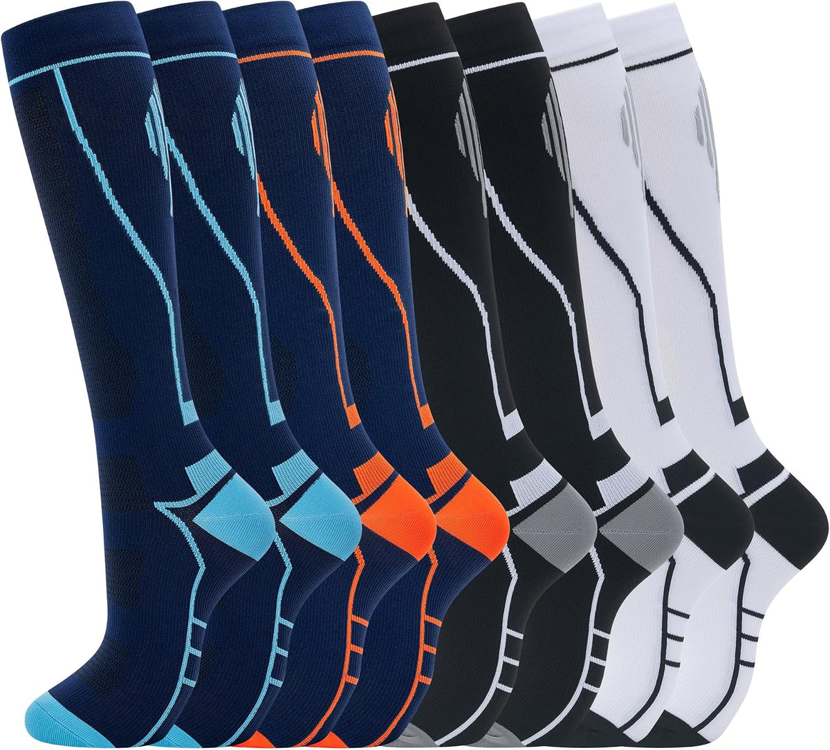 Unisex Knee High Compression Socks 8 Pairs - Graduated Support for Nurses, Travel and Running - Large-X-Large