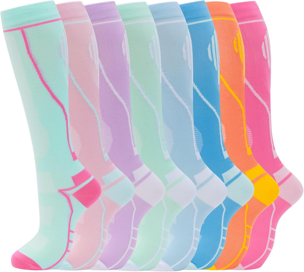 Unisex Knee High Compression Socks 8 Pairs - Graduated Support for Nurses, Travel and Running - Large-X-Large